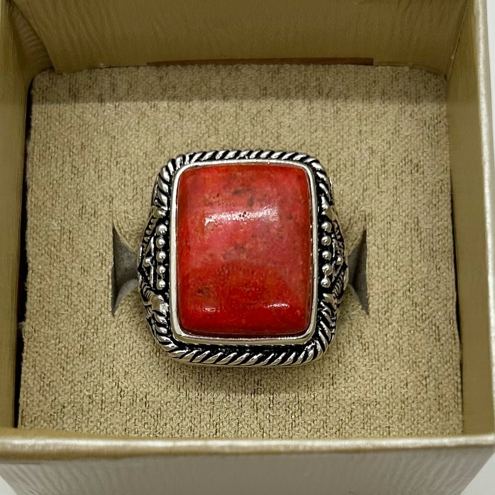 JTV Red Sponge Coral Sterling Silver Ring Size 8 | 12g Solid Rhodium Finish. NEW